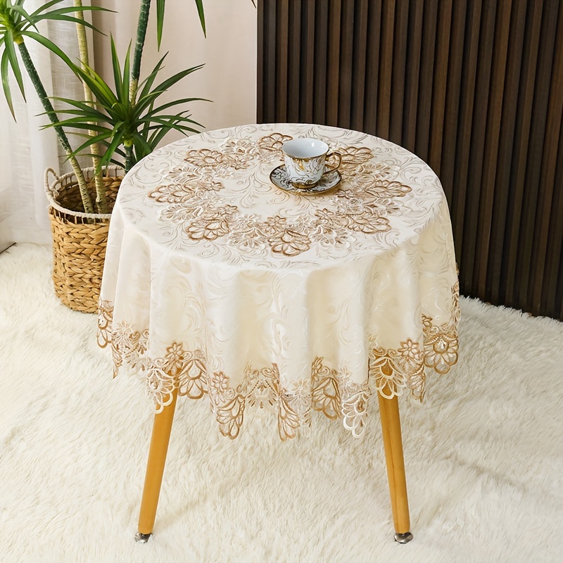 

Elegant Floral Lace Tablecloth - 100% Polyester Round Table Cover For Wedding, Outdoor, Dinner Decor, Bohemian Style For Picnics & Holiday Parties - Machine Woven, Hanukkah Compatible, Beige