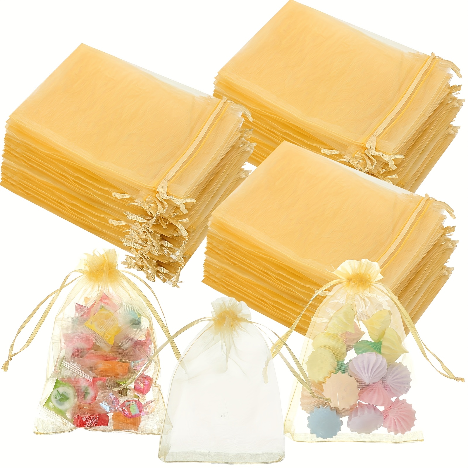E-shop Geschenk für Sie/Ihn – 100 Stück Goldene Organza-Beutel mit Zugband – 4x6 Zoll Kleine Netzbeutel für Hochzeitsgeschenke, Geburtstagsfeiern,