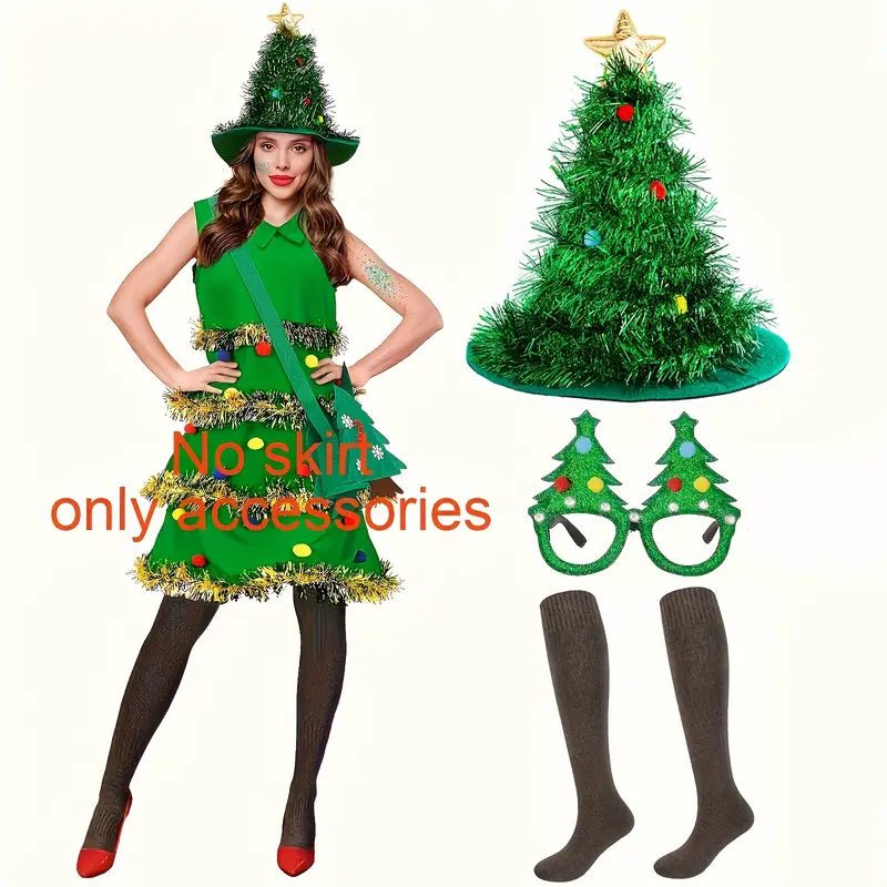 Set of 3 Women'S Christmas Tree Outfit, Featuring a Xmas Tree Hat, Sparkly Glasses, And Stockings, Ideal for Festive * Or Christmas Celebrations, Holiday Costume Set of 3 Women'S Christmas Tree Outfit, Featuring a Xmas Tree Hat, Sparkly Glasses, And Stockings, Ideal for Festive * Or Christmas Celebrations, Holiday Costume