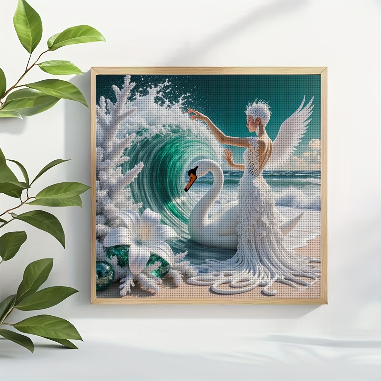 Printed Cross Stitch Kit 'White Winged Angel with Swan' for Beginners