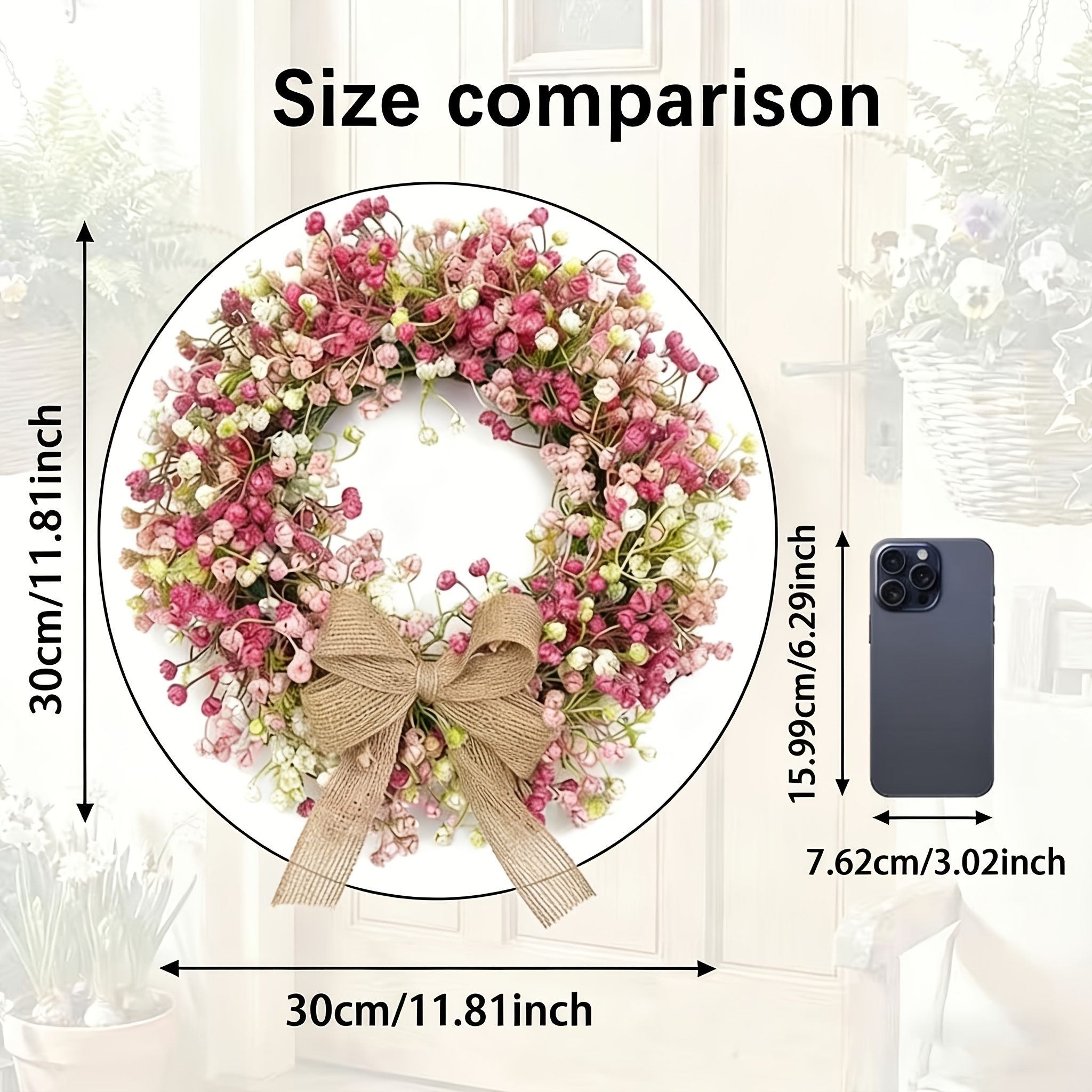 Image of Countryside Style Flower Wreath With A Pink And White Gradient, Featuring A Burlap Bow. It Has A Strong Natural Texture And Serves As A Decorative Piece For Guesthouses