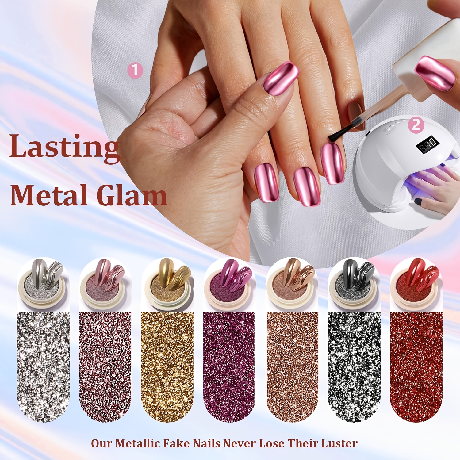 TEMU 24pcs On Nails Suitable For - Holographic Chrome False Nails With Glossy Mirror, Reusable Acrylic Medium Square Fake Nails, Electroplated