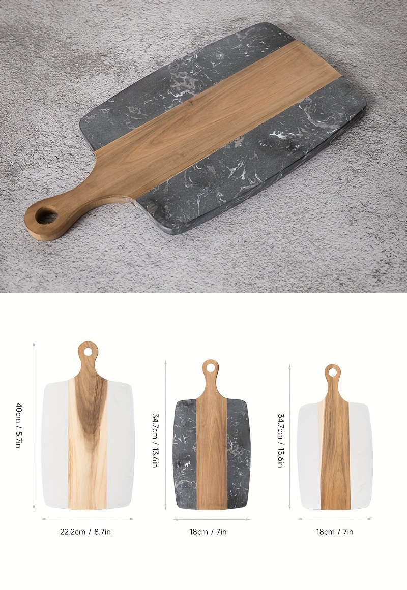 marble and wooden chopping board with handle   slicing bread vegetables and fruits kitchen essentials details 2