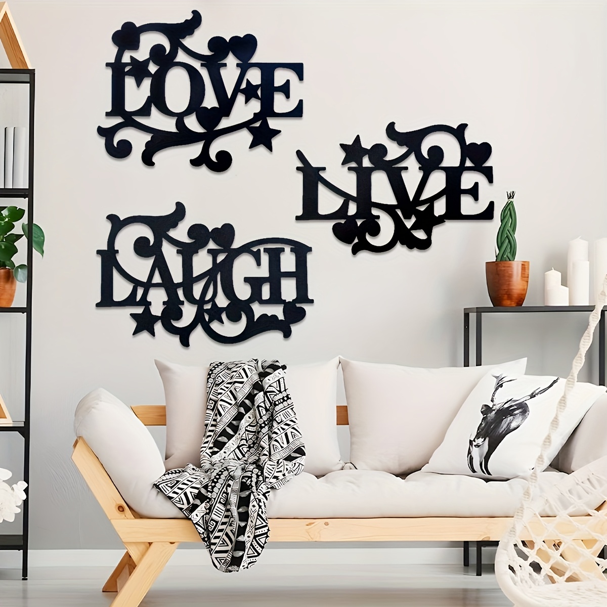 TEMU Elegant Black Metal Wall Art - Love, Life, Theme | Modern Decor For Living Room, Bedroom, Kitchen | Frameless Silhouette
