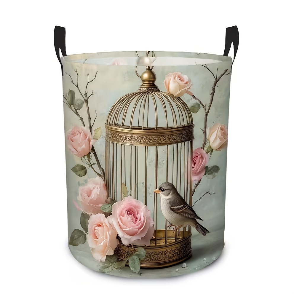 TEMU 1pc Romantic Birdcage Rose Pattern Round Foldable Laundry Basket, Dirty Laundry Basket, Room Clothes Storage Basket, Bathroom Laundry And