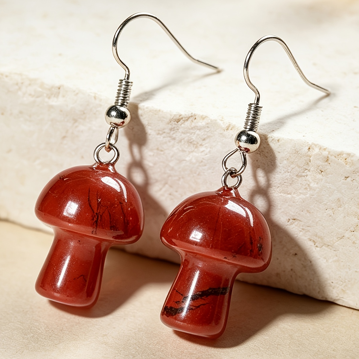 Women's Red Jasper Mushroom Earrings, Bohemian Vintage Style