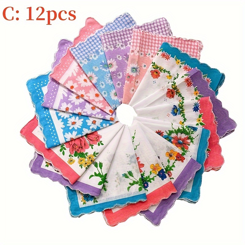 TEMU 12pcs Cotton Floral Handkerchiefs For Women Girls, Elegant Vintage Lightweight Square Scarves With Wave Edges, Colorful Flower Embroidered Handkerchiefs For Daily Use, Gifts For Her