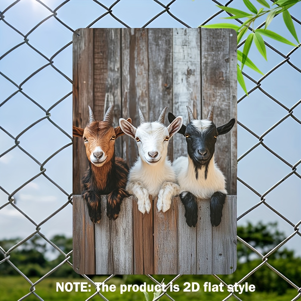 TEMU 2d Flat, 1pc Of Vintage Tin Sign Featuring 3 Adorable Goats As Wall Art. This Iron Metal Decoration Measures 32x30 Cm And Is Perfect For Rustic
