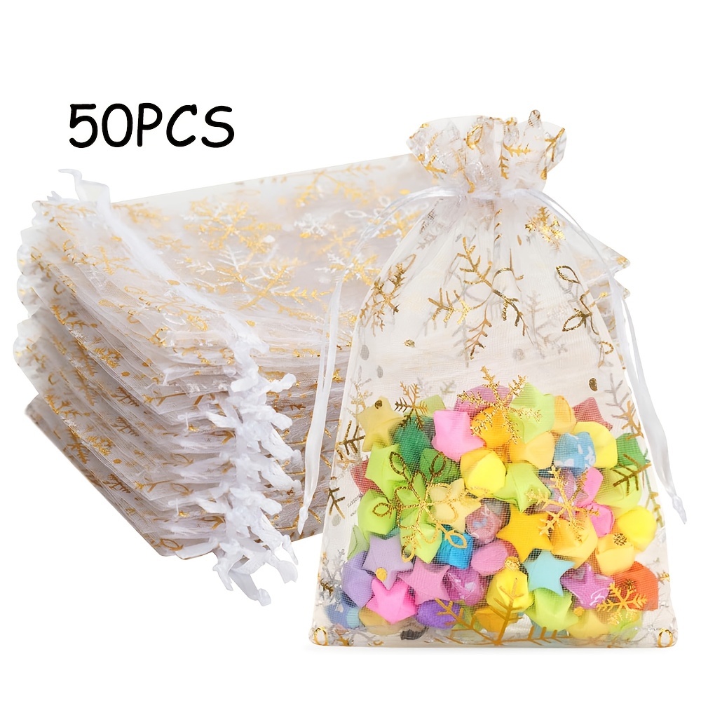Image of Gift For Her/him Set Of 50 Festive Organza Bags With Snowflake Designs, Perfect For Gifts During The Christmas Season, Ideal For Jewelry And Candy