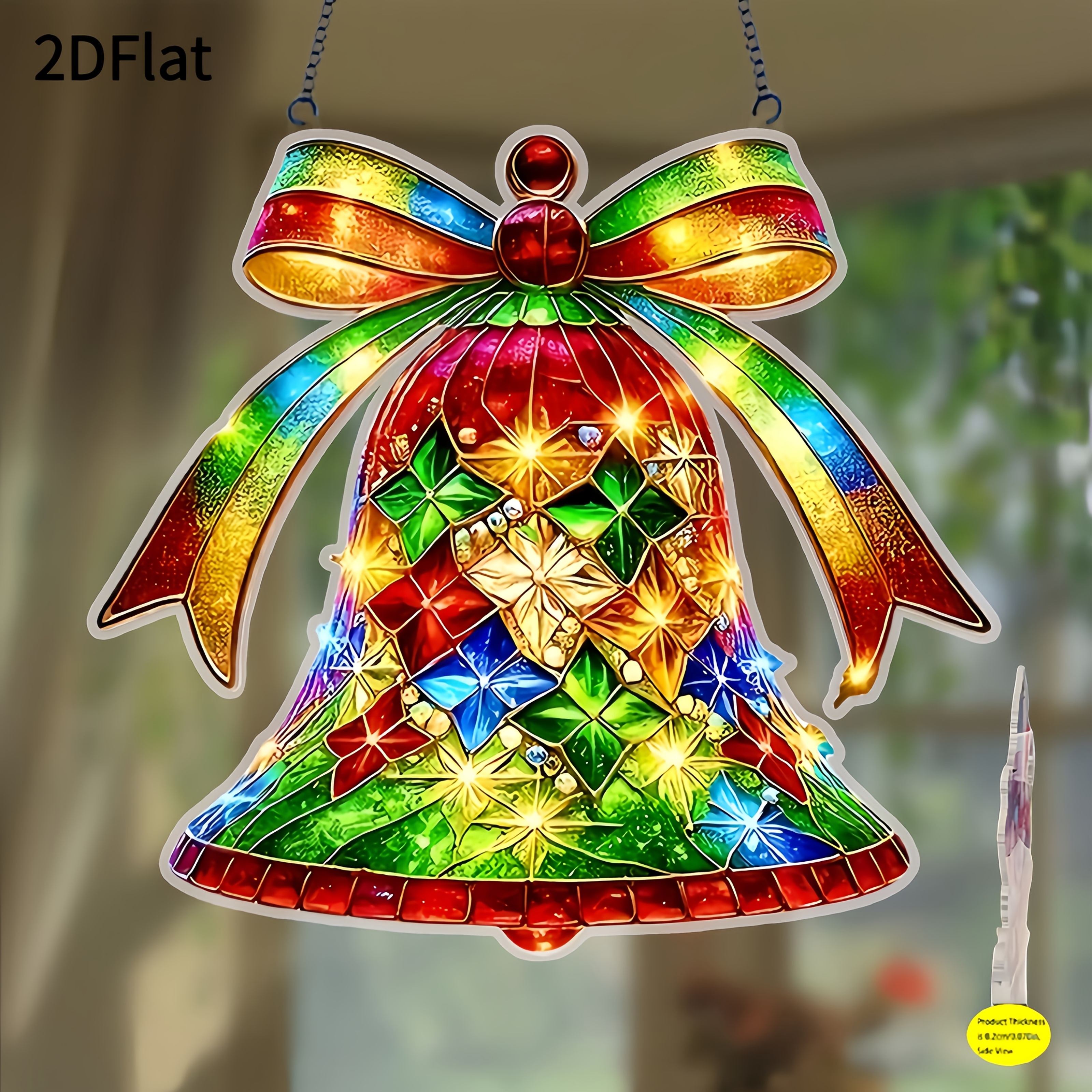 TEMU 2d Flat, 2d Flat Bohemian-style Christmas Bell Solar - Colorful Acrylic Window Hanging With Floral Mosaic & Star Accents, Wall-mounted Garden &