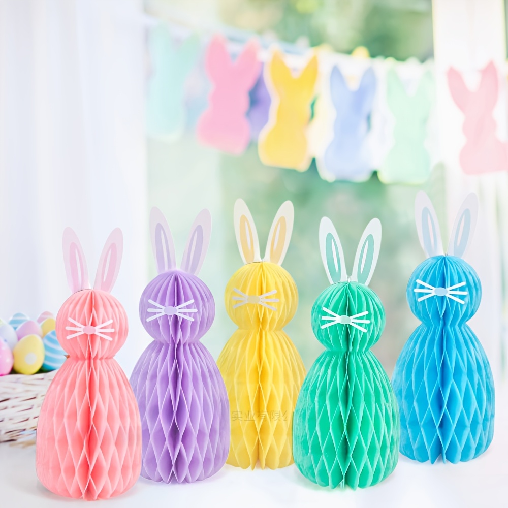 

Set Of 5 Easter Party Decorations Featuring Bunny Honeycomb Balls, Hanging Ornaments, And Supplies For Easter Classroom Celebrations.