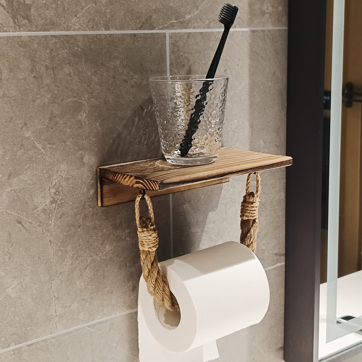 Image of 1pc Of Multi-functional Roll Paper Holder Toilet Storage Rack, Wooden Roll Paper Holder Wall-mounted Rack, Punch-free Installation, Mobile Phone Toilet Paper Aromatherapy Display Stand