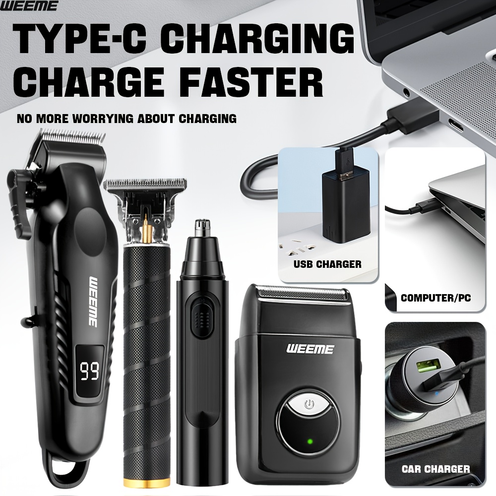WEEME 4pcs Men's facial grooming set, household electric hair clipper set USB fast-charging electric hair clipper + T-trimmer + razor + nose hair clipper Haircutting