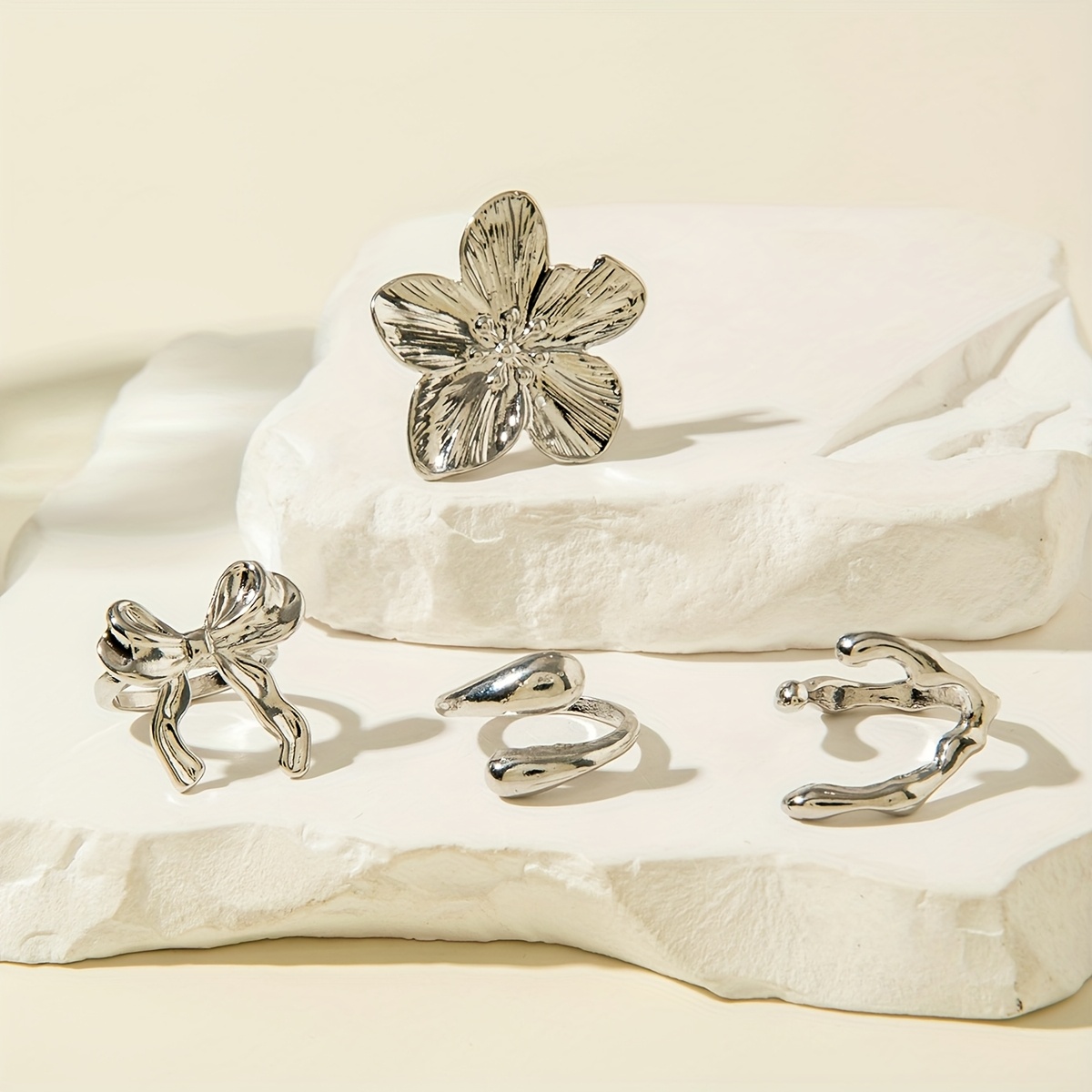 4pcs Geometric Irregular Open Ring Set with Floral Bowknot