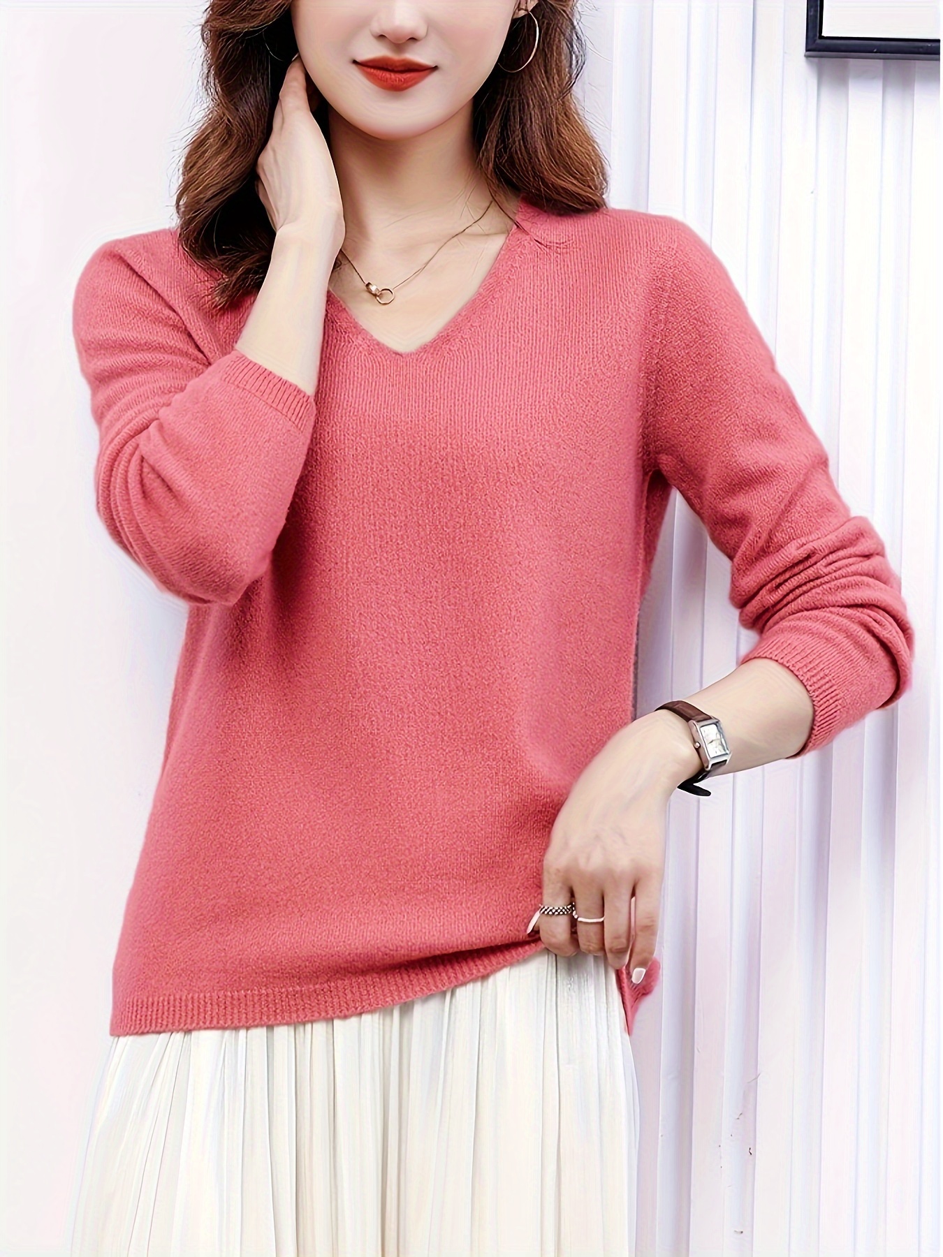 Roter Pulli Strickpullover Pullover Perlen Damen Solid V