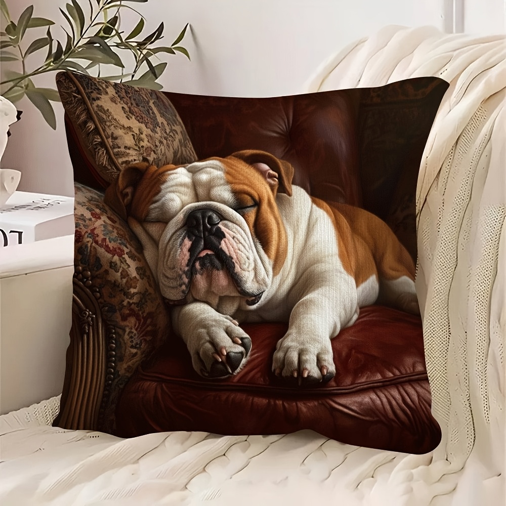 

1pc Contemporary Bulldog Print Throw Pillow Cover, 18x18 Inch, Polyester Decorative Cushion Case, Machine Washable, Zipper Closure, Woven Sofa & Chair Accent For Home And Office Decor, Cute Pillows