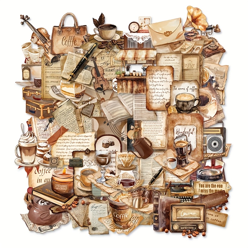 50 Sheets Retro Cafe Stickers Notebook Phone Case Suitcase Tumbler Decor Stickers Non-repeating