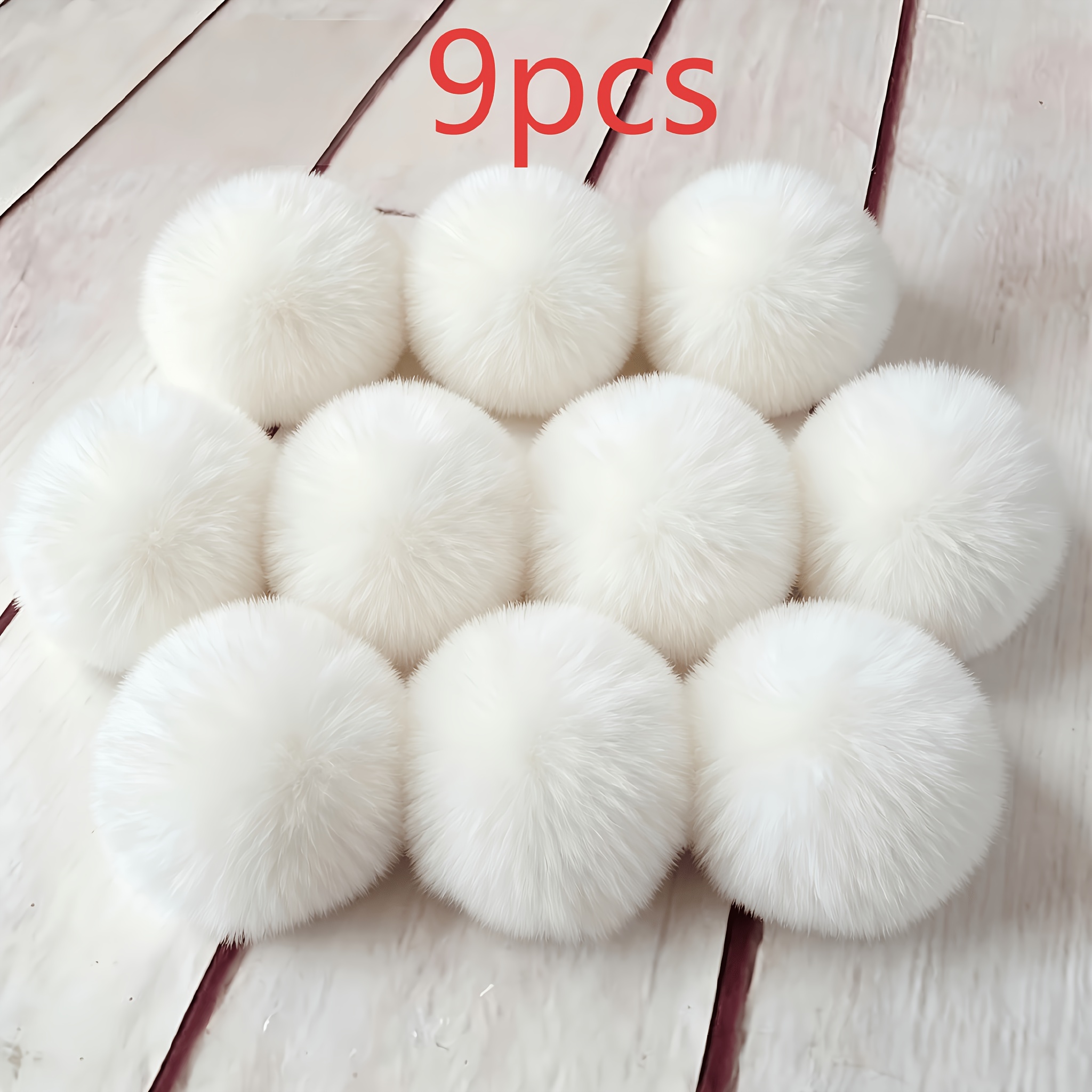 TEMU 9pcs /7cm Large White Fluffy Artificial Fur Pom-poms With Elastic Loop, Knitting Craft Supplies, Handmade Plush Ornament Additions For Hats,
