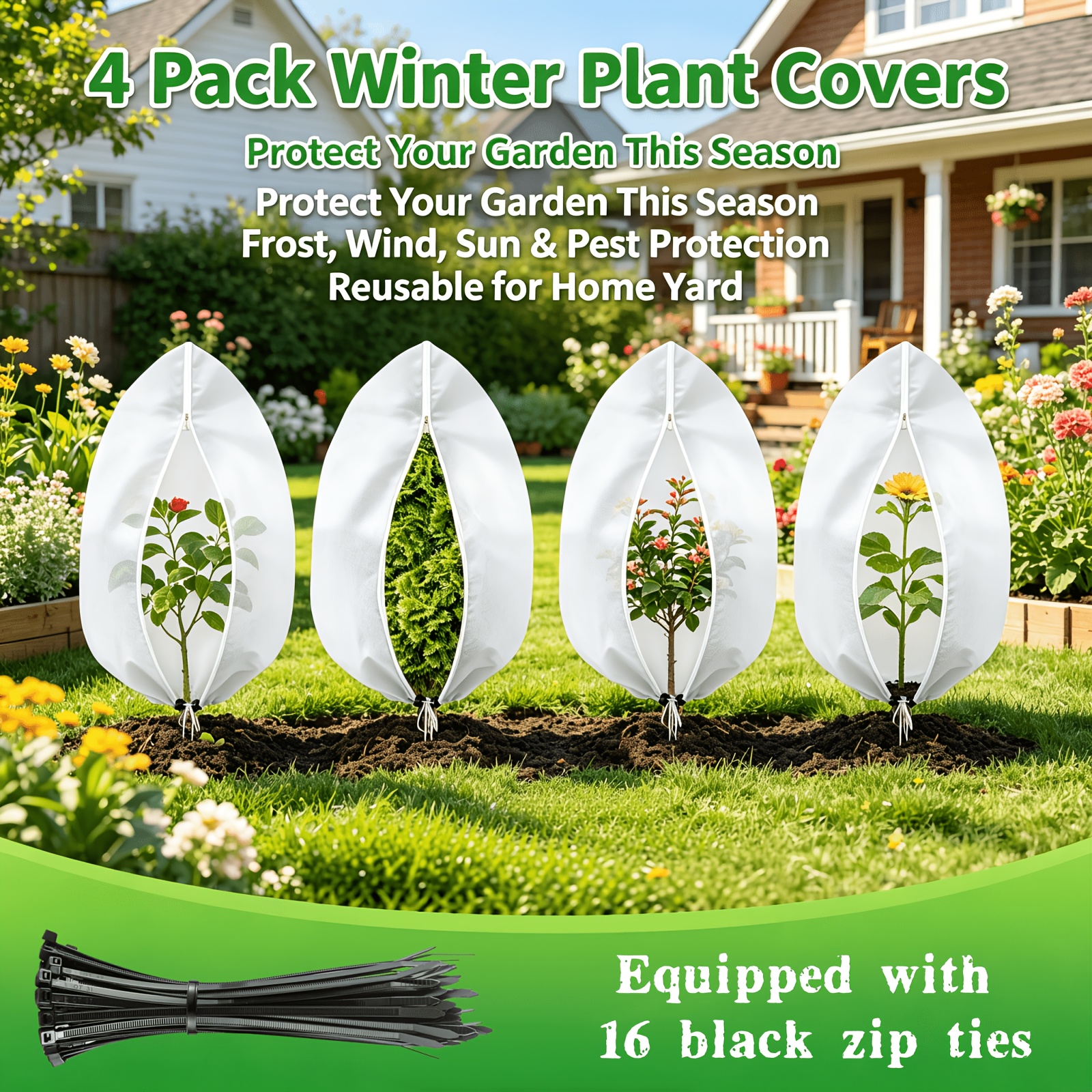 TEMU 4pcs Outdoor Plant Frost Protection Covers With Zipper And Drawstring Closure, Reusable Winter Cold-proof Blankets, Heavy-duty Tree Covers,