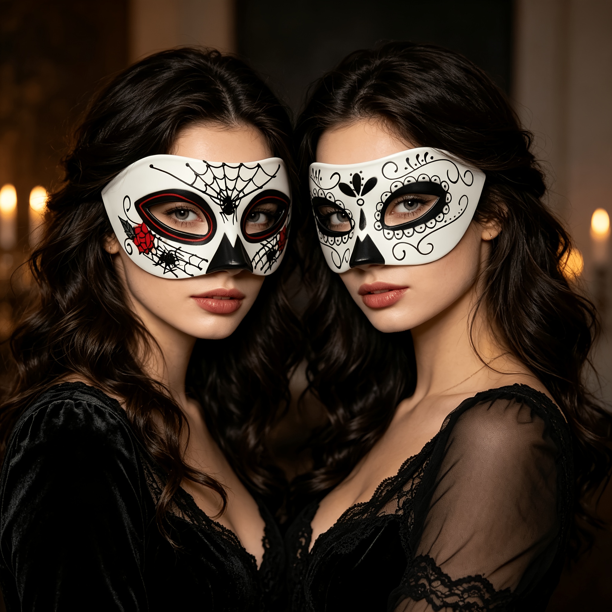 TEMU Demi-masque de du Jour des Morts, masque de Dia de Los Muertos à motif de toile d'araignée et de rose, accessoire de déguisement pour fête