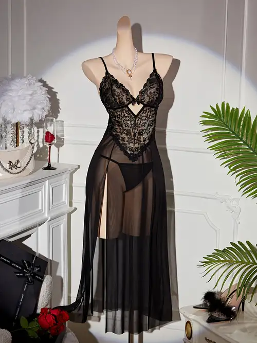 mesh dress with underwear Women's Sexy Sheer Mesh Lace Lingerie Dress with matching Underwear, Deep V Neck Nightgown with Side Slit, Adjustable Straps Sleepwear, See Through Cami Nightgown Lingerie, Black Womenswear night gown for women -