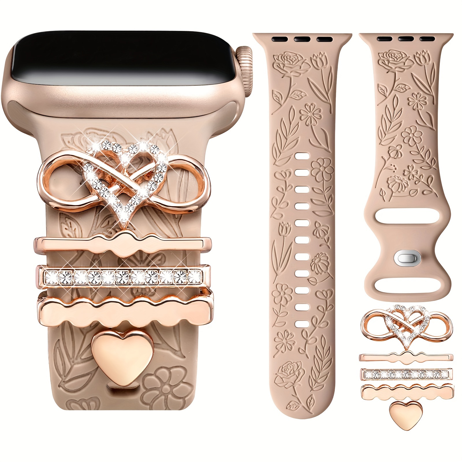 

Flower Engraved Band Compatible With Watch Bands 40mm For Women 38mm 41mm, Soft Silicone Sport Band With Decorative Watch Charms For Iwatch Series 9 8 7 6 5 4 3 2 1 Se ()