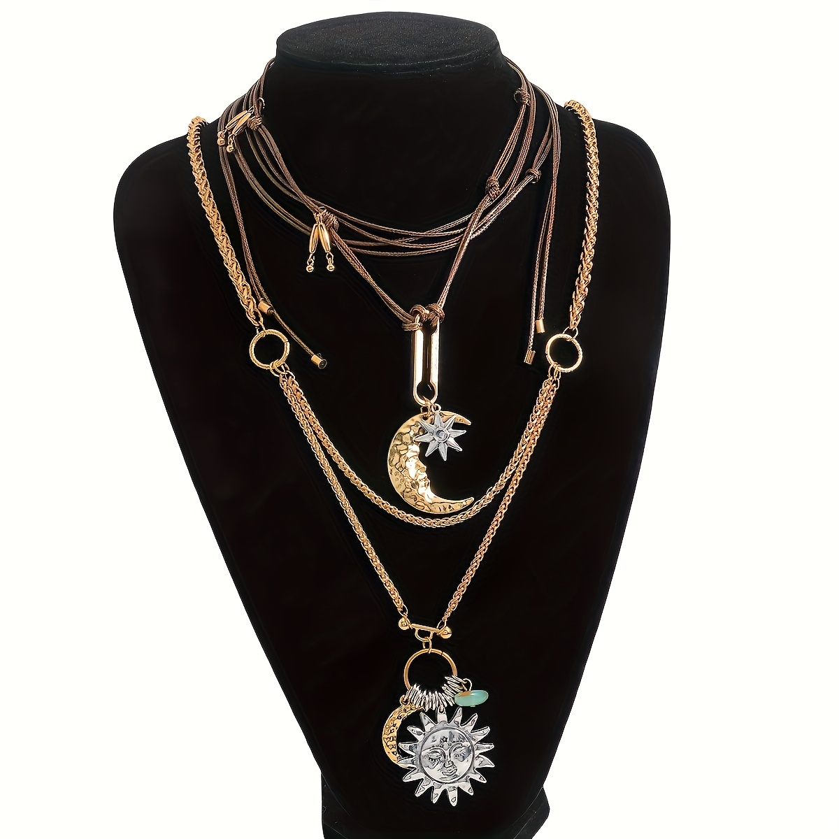 TEMU 2pcs Personalized Elegant Multi-layered Sun And Moon Pendant Necklace Retro Fun Choker Necklace Suitable For Women' Party Vacation Wear