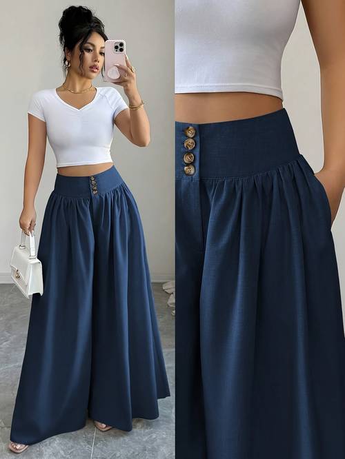 womens spring summer waist cinching long wide leg pants with pockets size 25