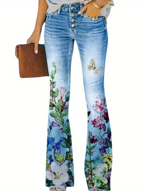 womens floral print flared bell bottom jeans denim bootcut trousers with vibrant streetwear style machine washable casual pants