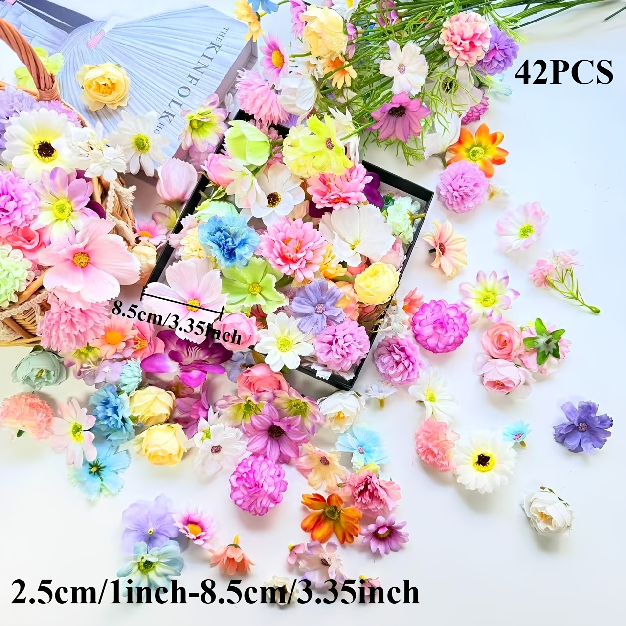 Image of 42pcs Colorful Small Flower Heads, Including Roses And Sizes Of Small Flower Heads Suitable For Home Decoration, Festival Decoration, Wedding Party Decoration