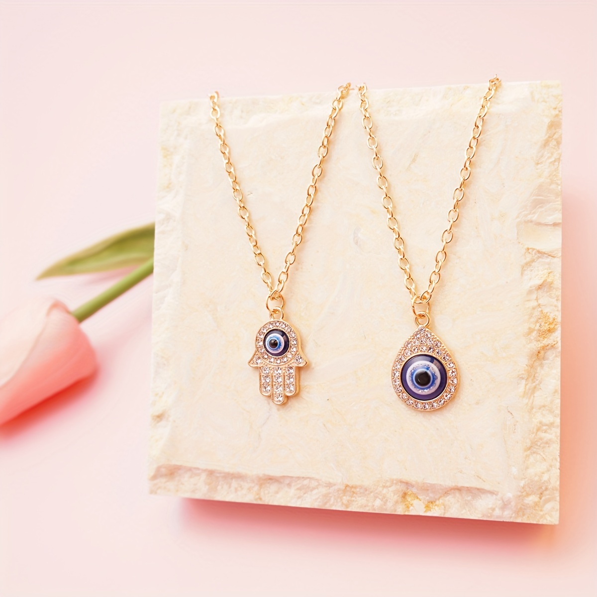 Vintage Hamsa Hand Pendant Necklace with Eye Charm - Celestial Symbol Theme