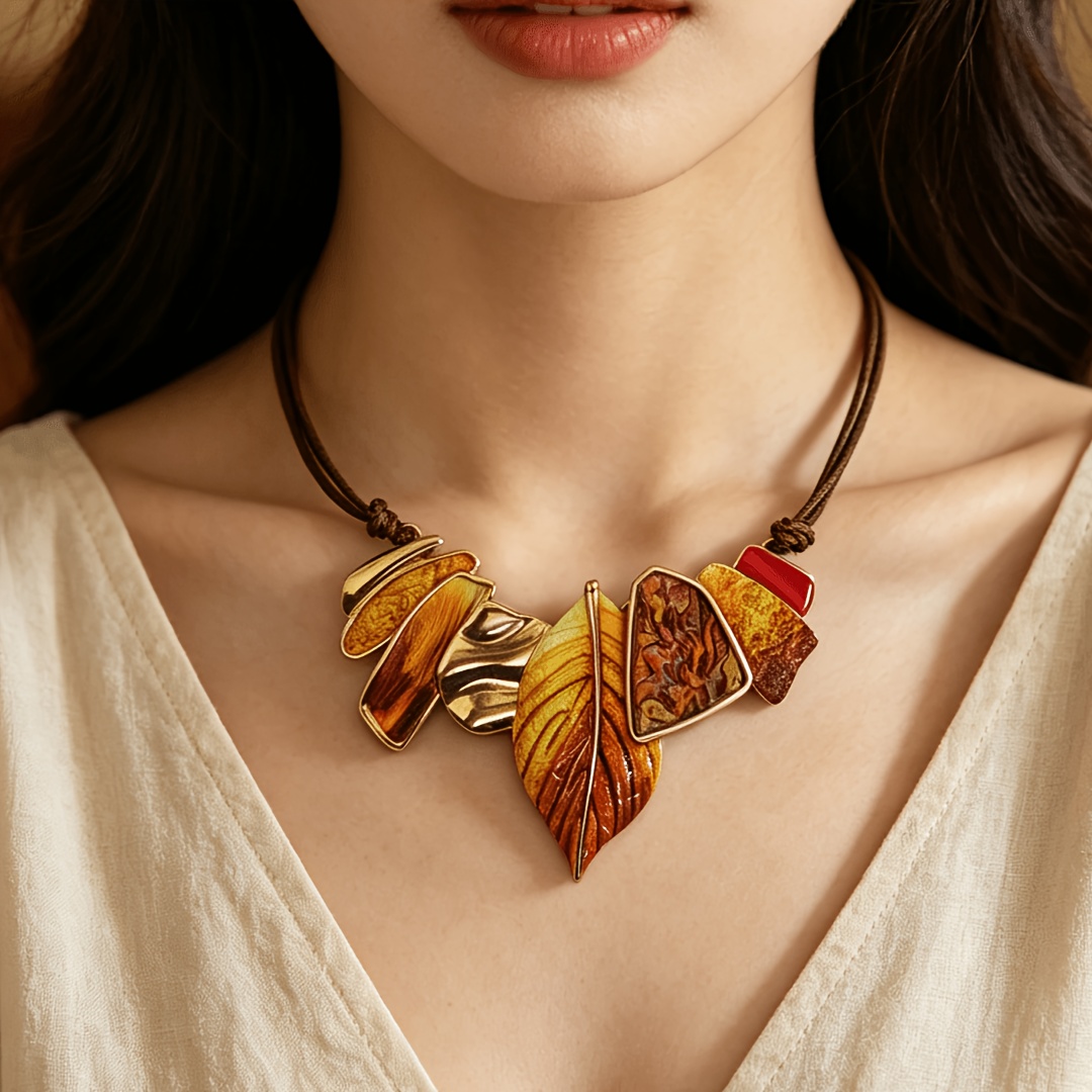 TEMU 1pc Retro Leaf Color-block Necklace Suitable For Women's Vacation Wear