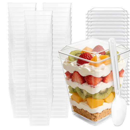 180pcs transparent plastic dessert cups with lids and spoons 60 x 5oz cups 60 lids and 60 spoons trendy pudding cups fruit cups salad cups food grade material safe and healthy suitable for ice cream cakes fruit salads