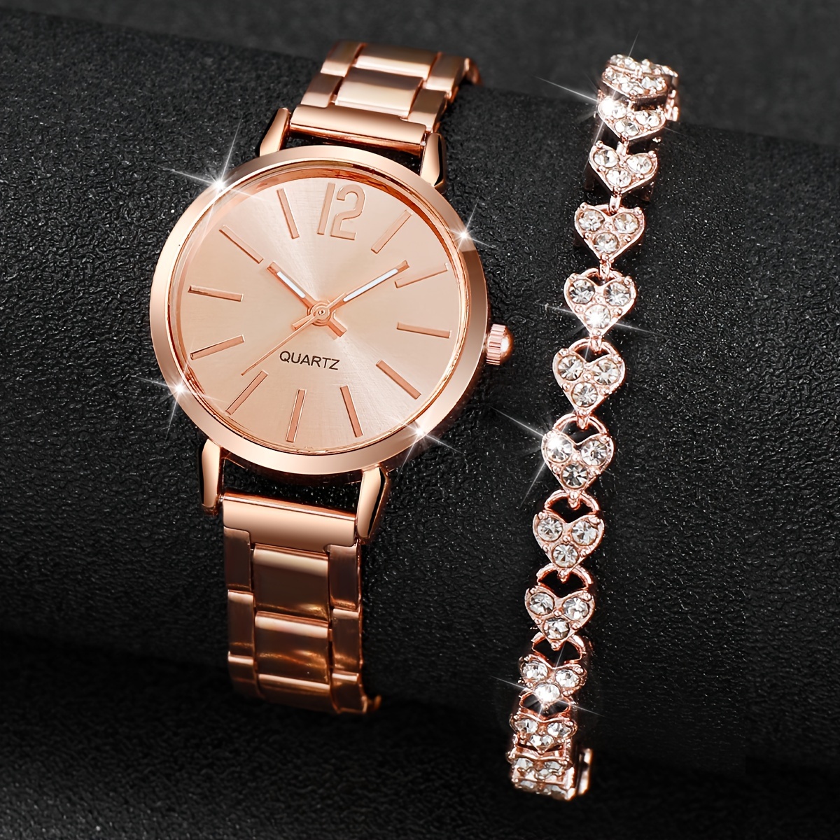 

2pcs/set Women's Minimalist Rose Golden Quartz Watch Analog Steel Band Wrist Watch & Rhinestone Bracelet, Gift For Mom Her