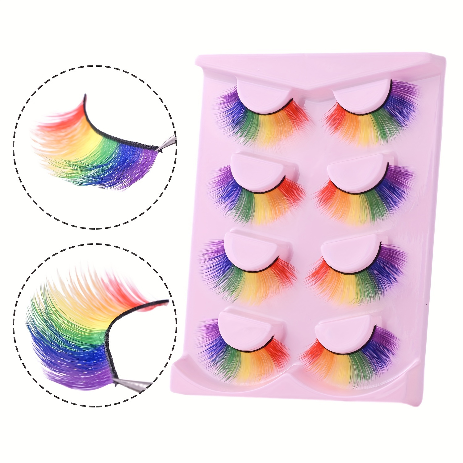 

4 Pairs Mixed Colorful False Eyelashes, 10-17mm Rainbow Full Strip Black Stems 3d Curled Fluffy Thick Lashes For Anime Cosplay & Doll Makeup Music Festival
