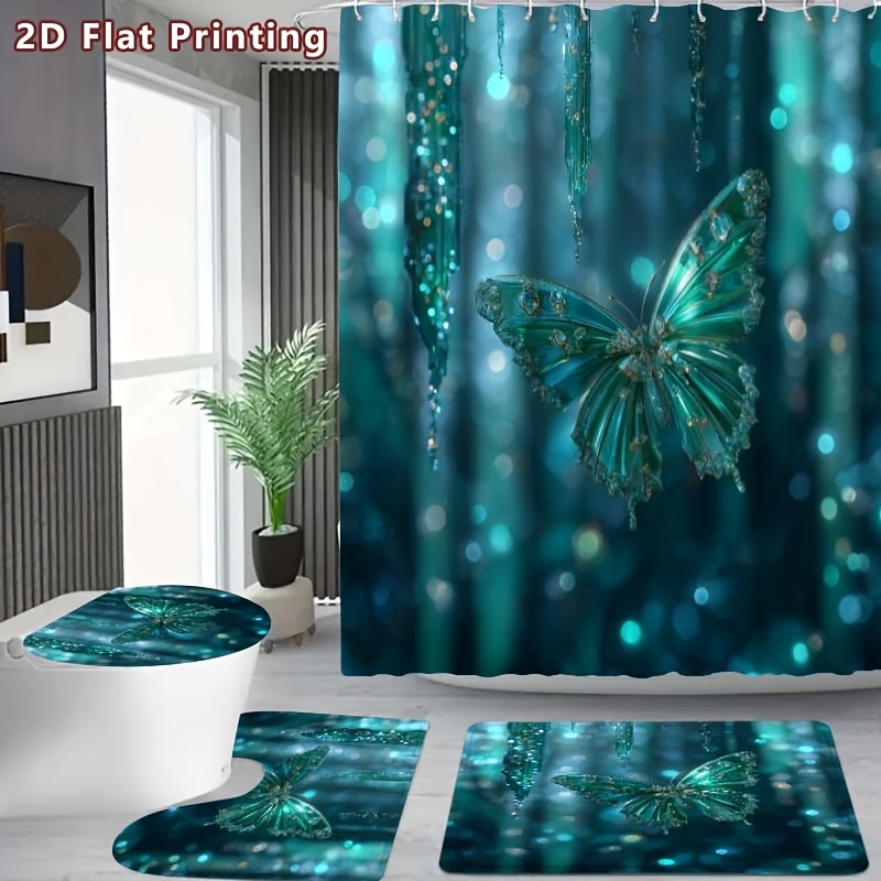 4pcs Dreamy Butterfly Shower Curtain Set with Bathroom Accessories