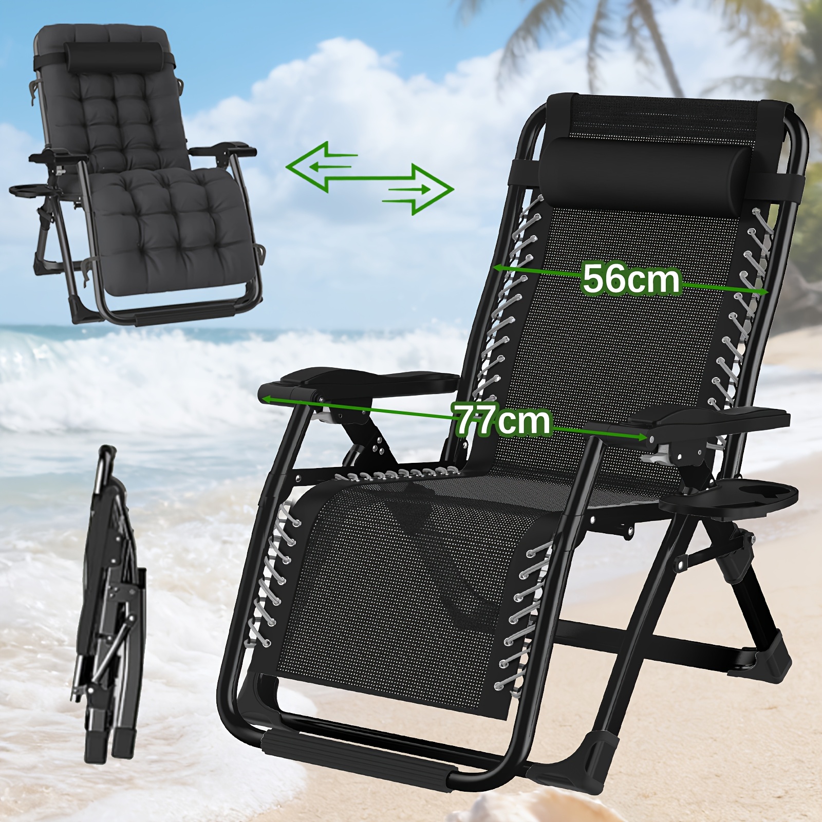 E-shop Klappbarer Sonnenliegestuhl mit Kissen,200 kg Tragfähigkeit, -Loungesessel mit verstellbarer Rückenlehne, Terrassenmöbel, Bequemer Sitz im