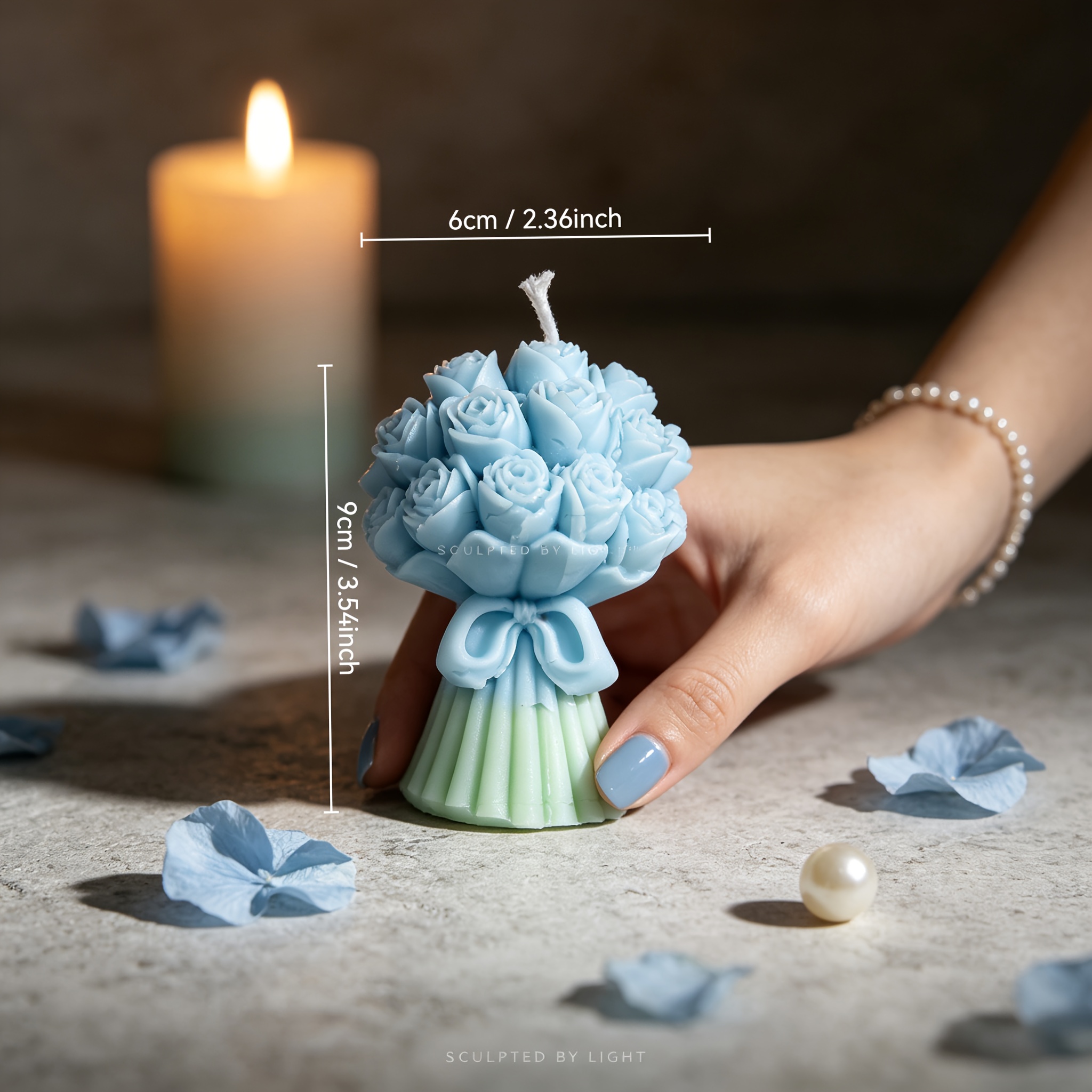 A Candle Shaped Like a Bouquet of Blue Roses, Scented with Bluebell, Featuring a Mint Green Base. This Hand-Poured Decorative Soy Wax Candle Is Perfect for a Bathroom Vanity, Shelf, Or As a Wedding Gift
