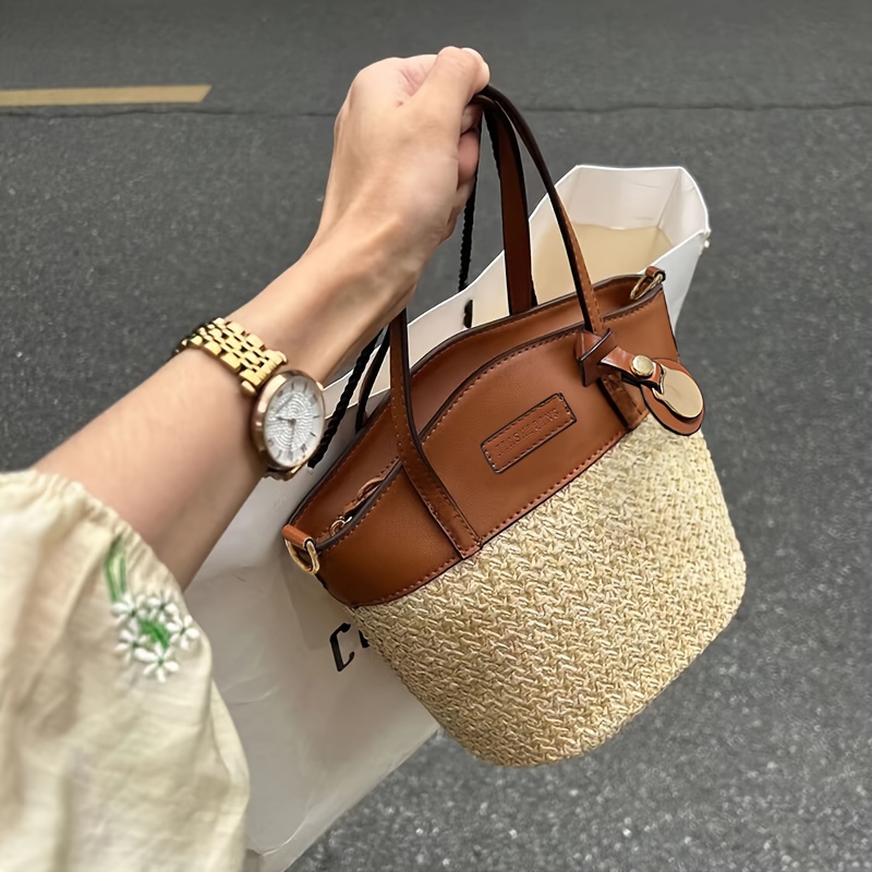 

Small Stitching Straw Design Summer Holiday Use Bag, Women's Bohemian Style Summer Vacation Bag