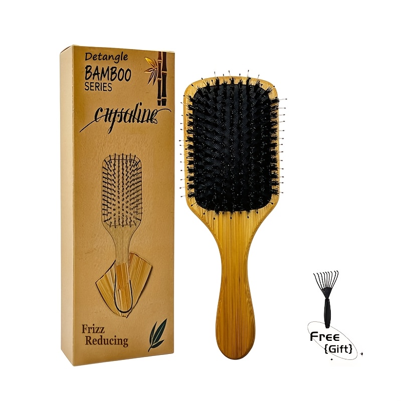 Image of Natural Bamboo Series Bristle Air - Cushioned Hair Brush: For Volume, Scalp Massage, Hair Smoothing, With Pick Gift