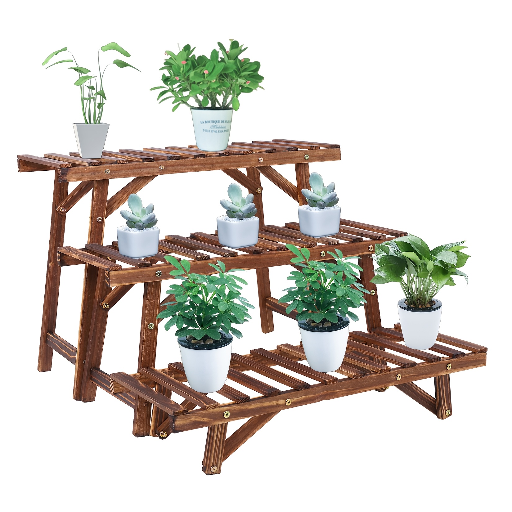 TEMU 3-tier Freestanding Ladder Shelf - High-quality Recycled Wood Plant Stand With Sturdy Rectangular Design, Indoor/outdoor Organizer For Potted