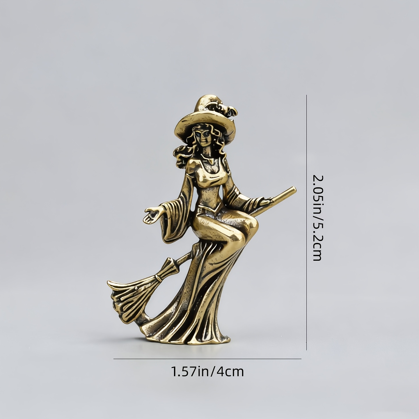 Image of Collectible Figurines Vintage Brass Witch Riding A Broom Ornament, Antiqued Magical Girl Sculpture, Halloween Desktop Decoration Craft, Creative Small Ornament