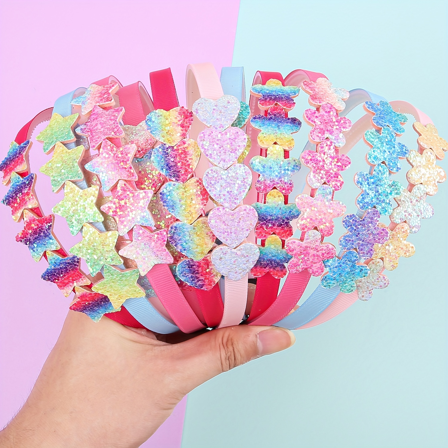 TEMU 12pcs Set Of Colorful Star Hairbands With Plastic Teeth, Flower And Heart Headbands For Daily Styling Accessories
