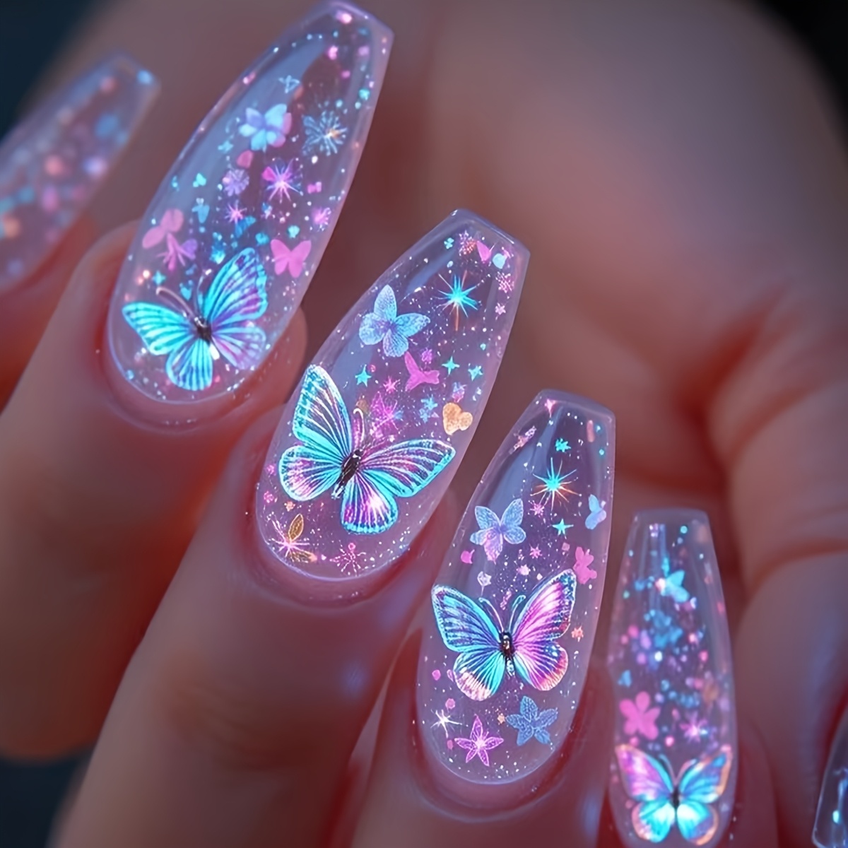 Image of Mid-length Transparent Multicolor Glossy 24pcs Press-on Nails Removable Nail Stickers Convenient For Daily Parties And Vacations Reusable Nail Stickers Sparkling Nails