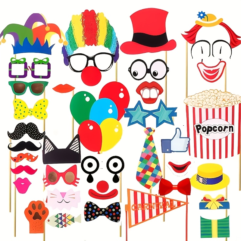 TEMU 36pcs Circus Photo Booth Props, Fun Carnival Theme Party Decorations, Wedding, Birthday, Party Dances, Photo Booth Party Supplies, With Beard,