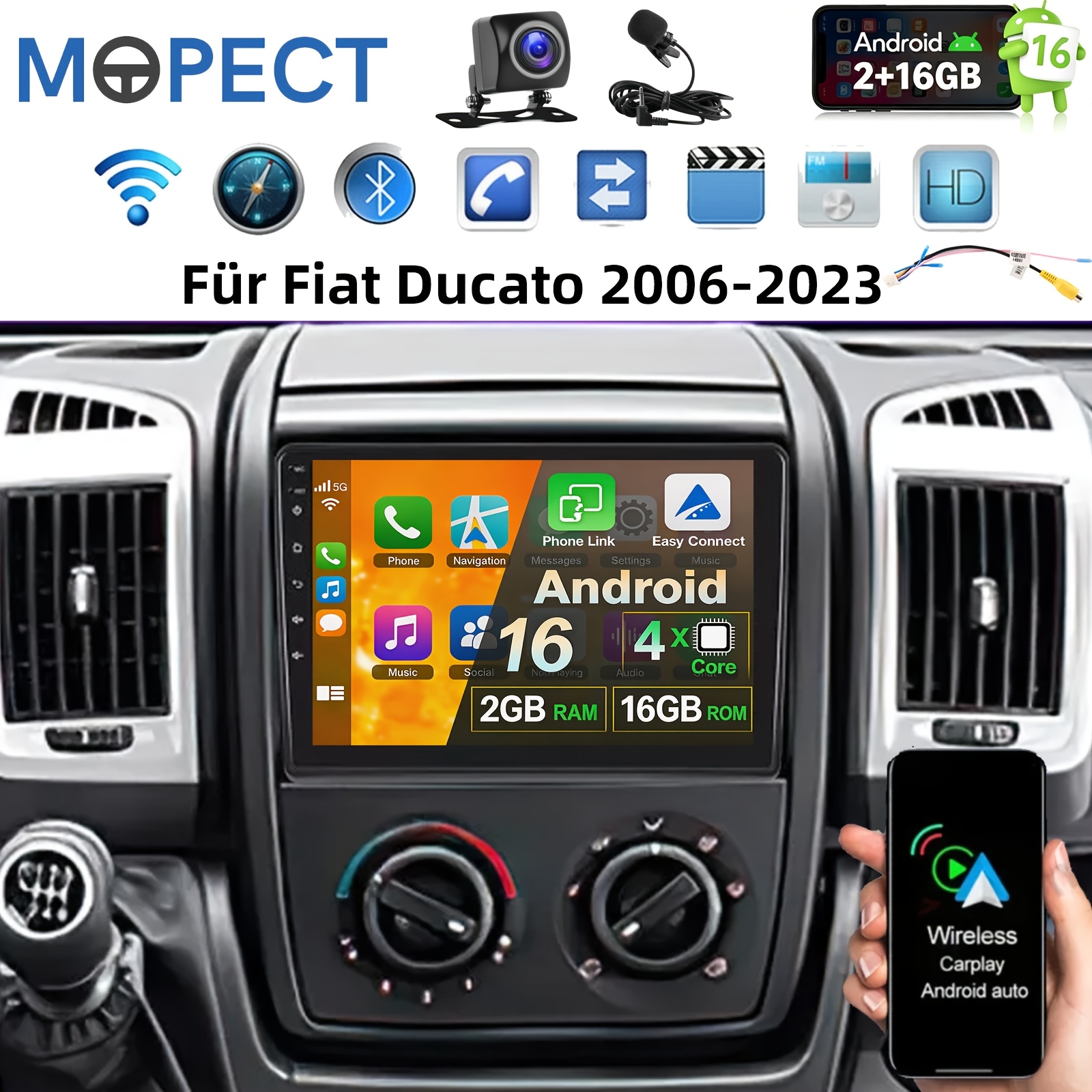 Mopect 16 Car Stereo Compatible For // Jumper, Ips Touchscreen Gps Navigation With , Wireless, Backup Camera & Ahd Display, Input, Rds Fm Radio, Auto For Trucks/
