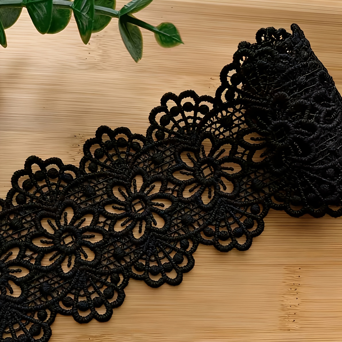 TEMU High-quality Polyester Water-soluble Black Lace Trim For Dress Cuffs And Hemlines, Decorative Accessory