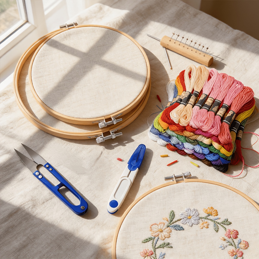 kit completo de punto de cruz,   para principiantes y   - 1   con aro de bordado de 20 cm   hilos coloridos (color aleatorio), 1   de tela de malla de bordado de 30*30, tijeras, 4  es de enhebrado de agujas y herramientas de costura