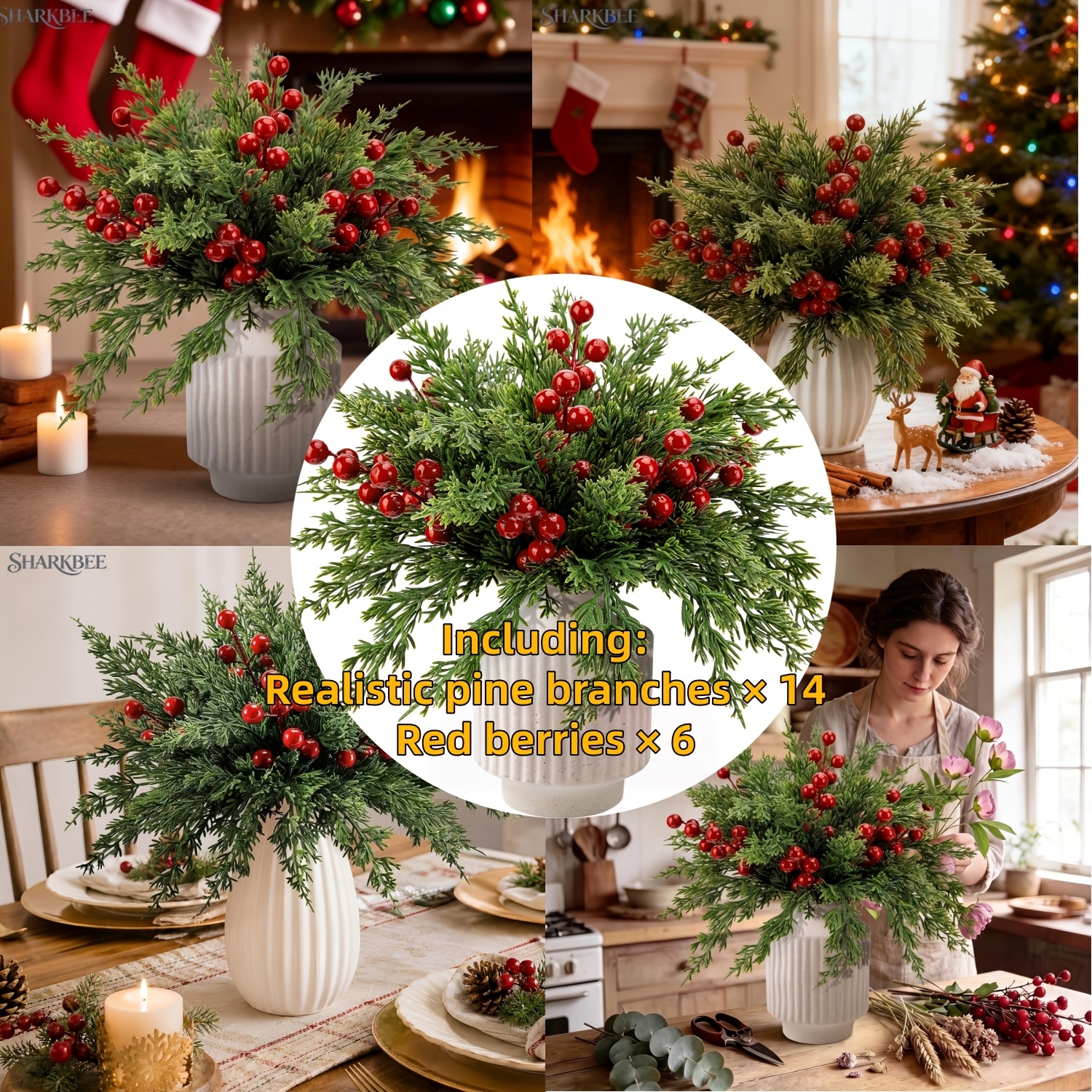 TEMU Ensemble de 20 pièces - (14 branches de pin vertes réalistes et 6 rouges vibrantes) Branches de pin artificielles de Noël avec tiges de rouges,