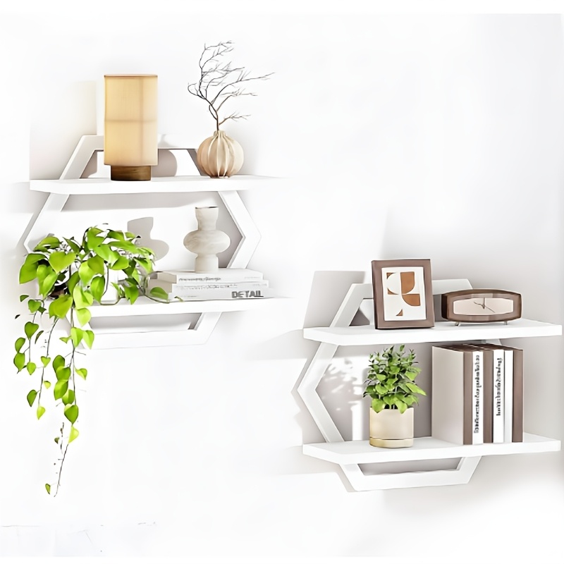 A Set Of 2 Hexagonal Wall Mounted Wooden Shelves, Retro Country Style Double-layer Wall Storage Rack